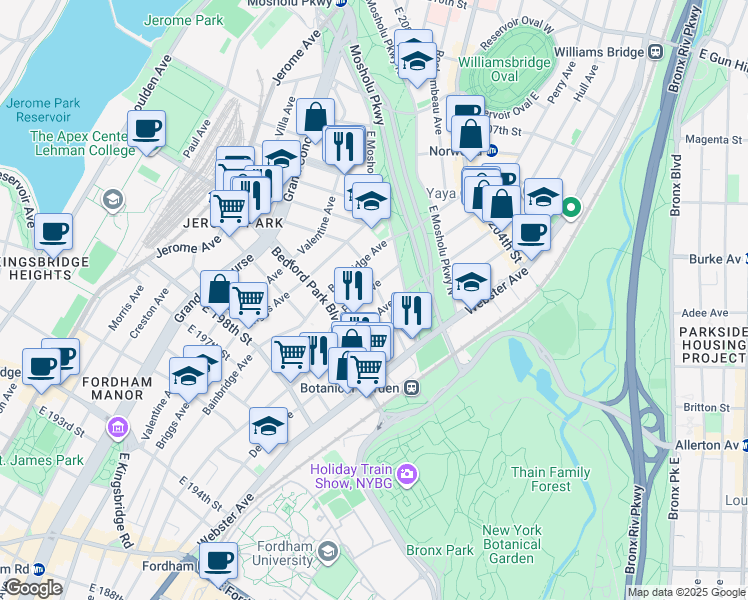 map of restaurants, bars, coffee shops, grocery stores, and more near 2979 Perry Avenue in The Bronx