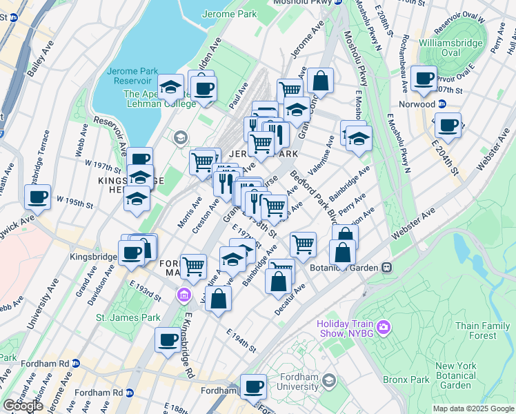 map of restaurants, bars, coffee shops, grocery stores, and more near 2870 Grand Concourse in Bronx