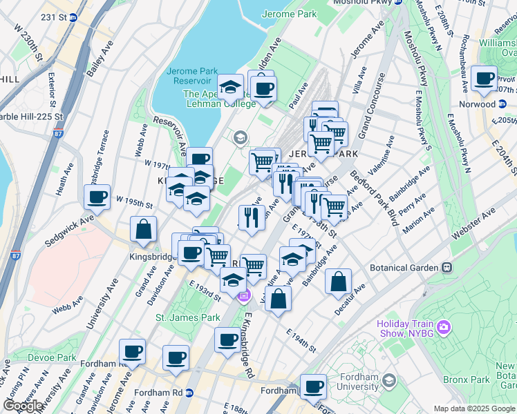 map of restaurants, bars, coffee shops, grocery stores, and more near 2820 Morris Avenue in Bronx