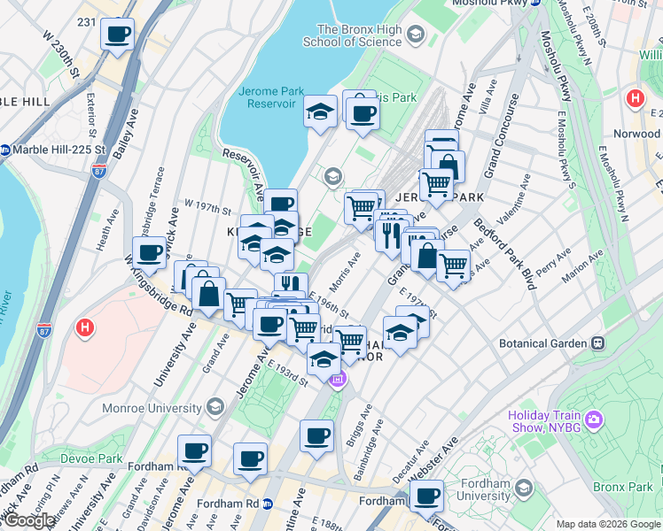 map of restaurants, bars, coffee shops, grocery stores, and more near 2808 Jerome Avenue in The Bronx