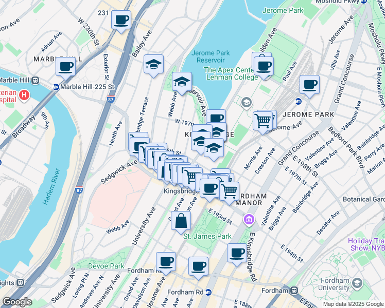 map of restaurants, bars, coffee shops, grocery stores, and more near 2766 University Avenue in Bronx