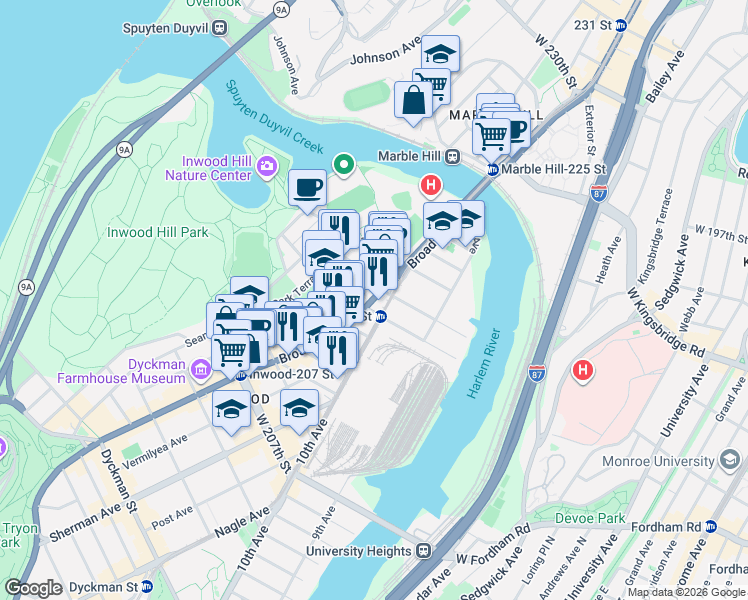 map of restaurants, bars, coffee shops, grocery stores, and more near 5065 Broadway in New York