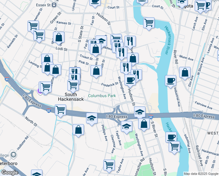 map of restaurants, bars, coffee shops, grocery stores, and more near 247B Jackson Avenue in Hackensack