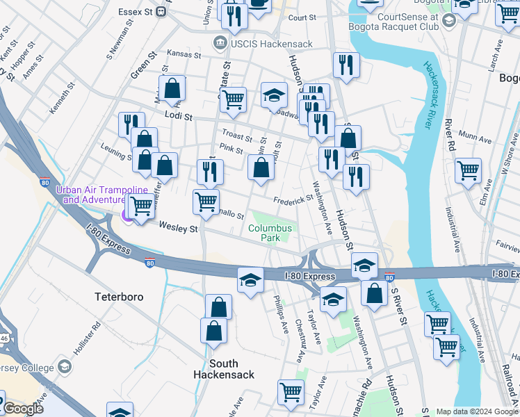 map of restaurants, bars, coffee shops, grocery stores, and more near 210 South Main Street in Hackensack