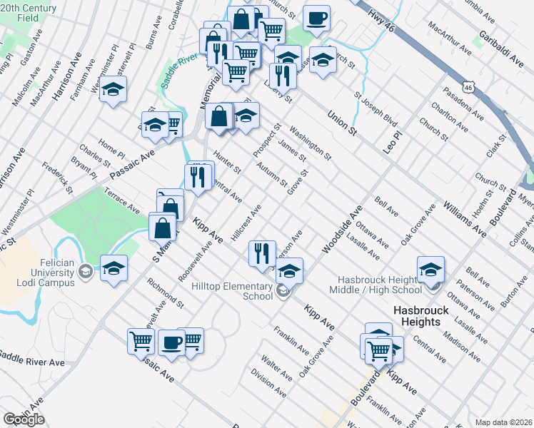 map of restaurants, bars, coffee shops, grocery stores, and more near 104 Grove Street in Lodi