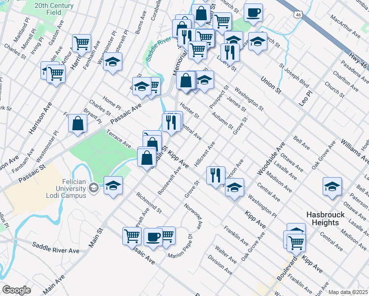 map of restaurants, bars, coffee shops, grocery stores, and more near 155 Prospect Street in Lodi