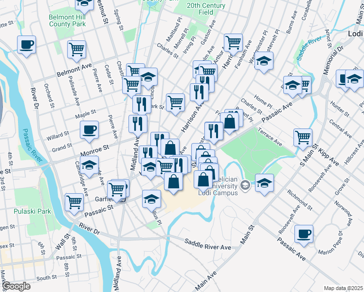 map of restaurants, bars, coffee shops, grocery stores, and more near 85 Farnham Avenue in Garfield