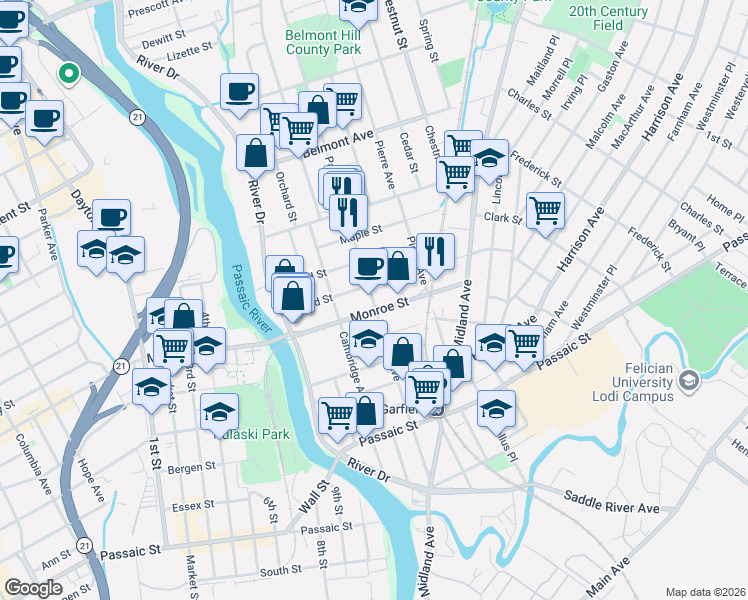 map of restaurants, bars, coffee shops, grocery stores, and more near 69 Grand Street in Garfield