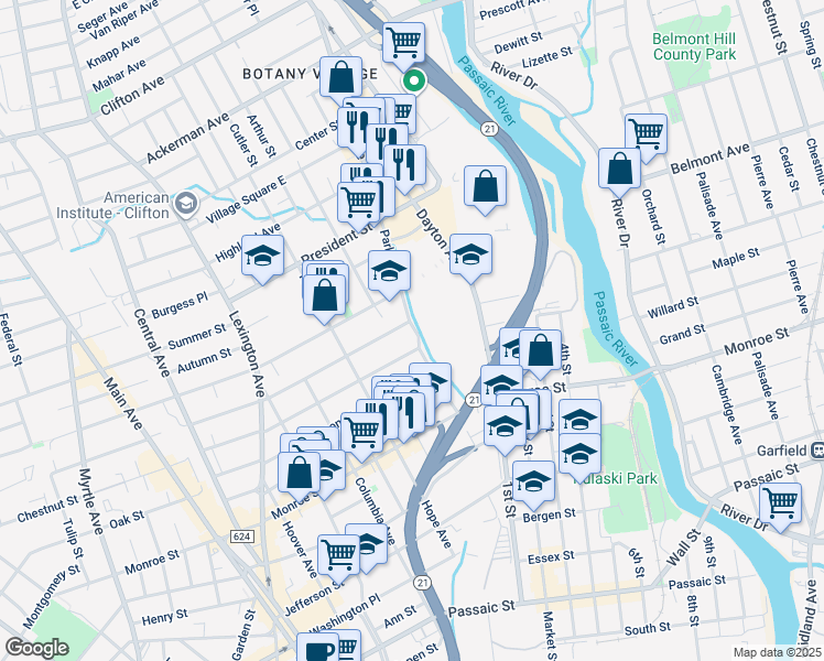 map of restaurants, bars, coffee shops, grocery stores, and more near 1 Sherman Street in Passaic