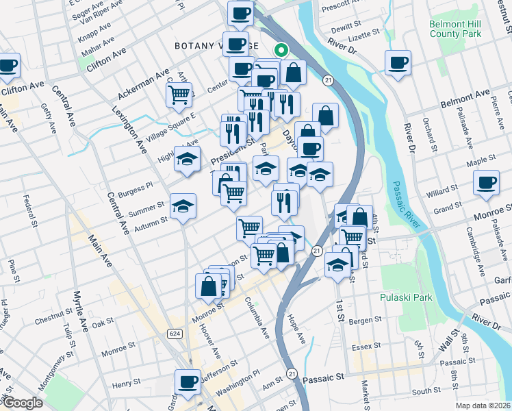 map of restaurants, bars, coffee shops, grocery stores, and more near 16 Sherman Street in Passaic