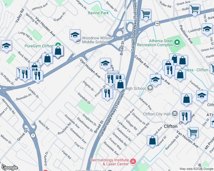 map of restaurants, bars, coffee shops, grocery stores, and more near 1250 Van Houten Avenue in Clifton