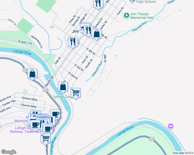 map of restaurants, bars, coffee shops, grocery stores, and more near 85 East 3rd Street in Jim Thorpe