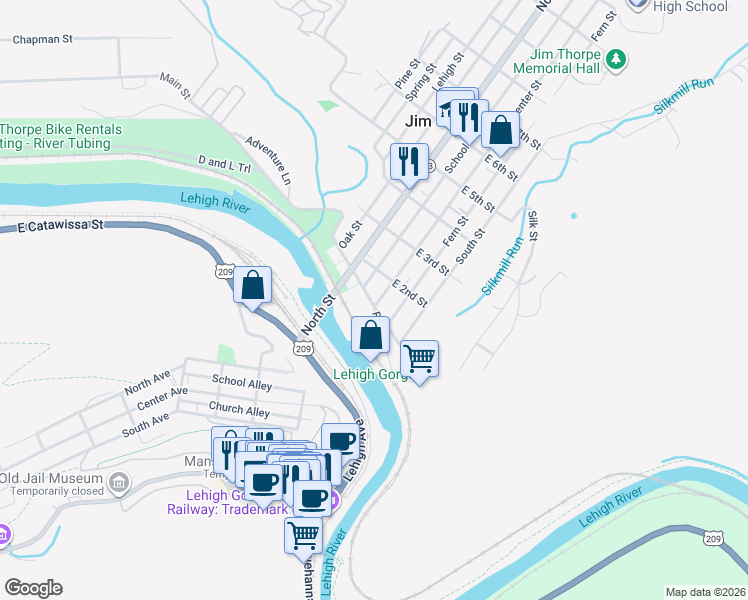 map of restaurants, bars, coffee shops, grocery stores, and more near 121 Center Street in Jim Thorpe