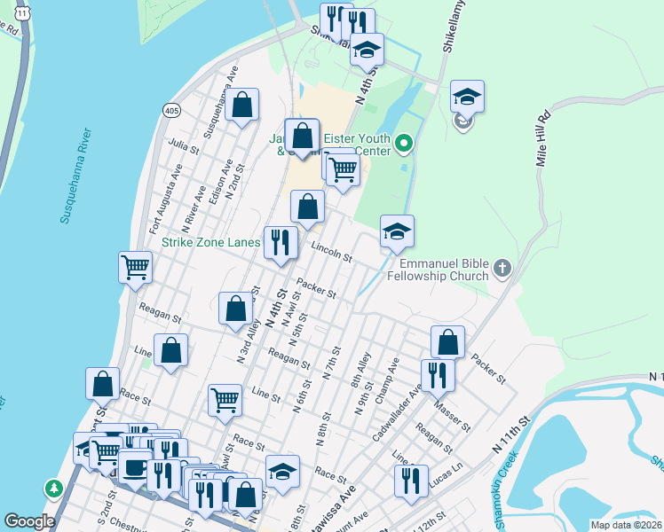 map of restaurants, bars, coffee shops, grocery stores, and more near 801-899 North 5th Street in Sunbury