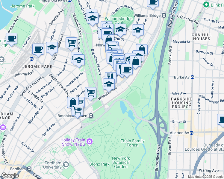 map of restaurants, bars, coffee shops, grocery stores, and more near 3050 Webster Avenue in The Bronx