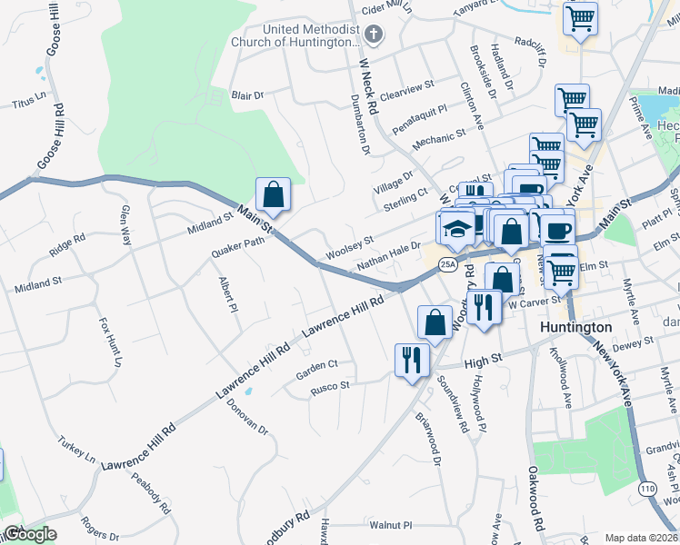 map of restaurants, bars, coffee shops, grocery stores, and more near 443 Main Street in Huntington
