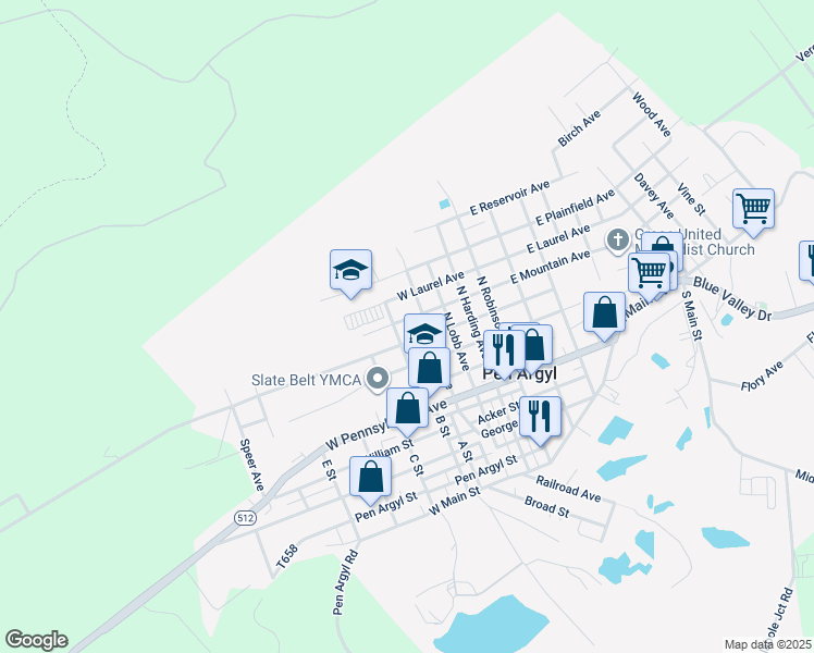 map of restaurants, bars, coffee shops, grocery stores, and more near 416 W Mountain Ave in Pen Argyl