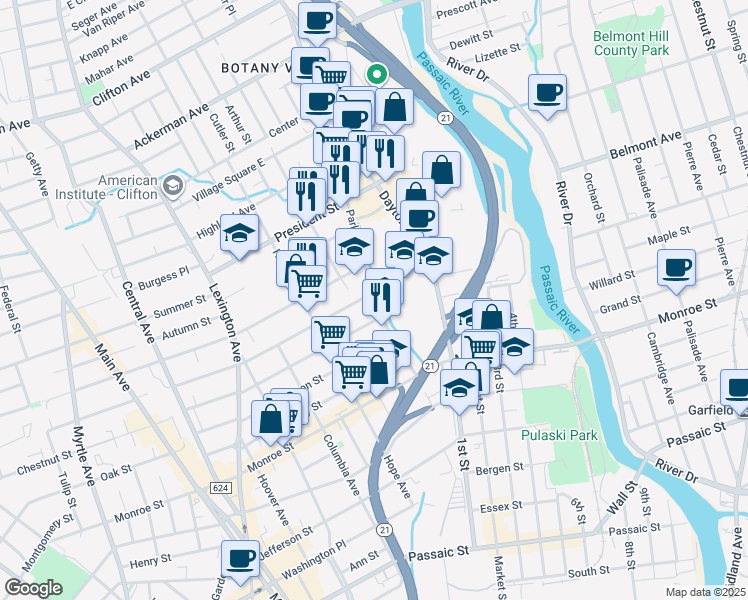 map of restaurants, bars, coffee shops, grocery stores, and more near 1 Sherman Street in Passaic