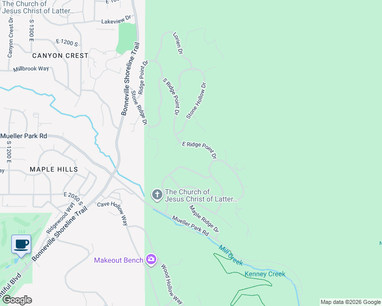 map of restaurants, bars, coffee shops, grocery stores, and more near 1878 East Ridge Point Drive in Bountiful