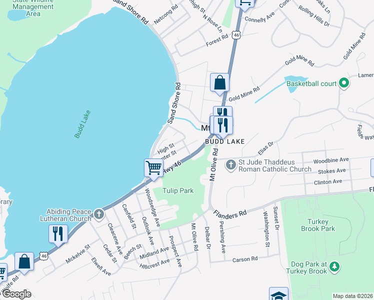 map of restaurants, bars, coffee shops, grocery stores, and more near 50 Center Street in Mount Olive