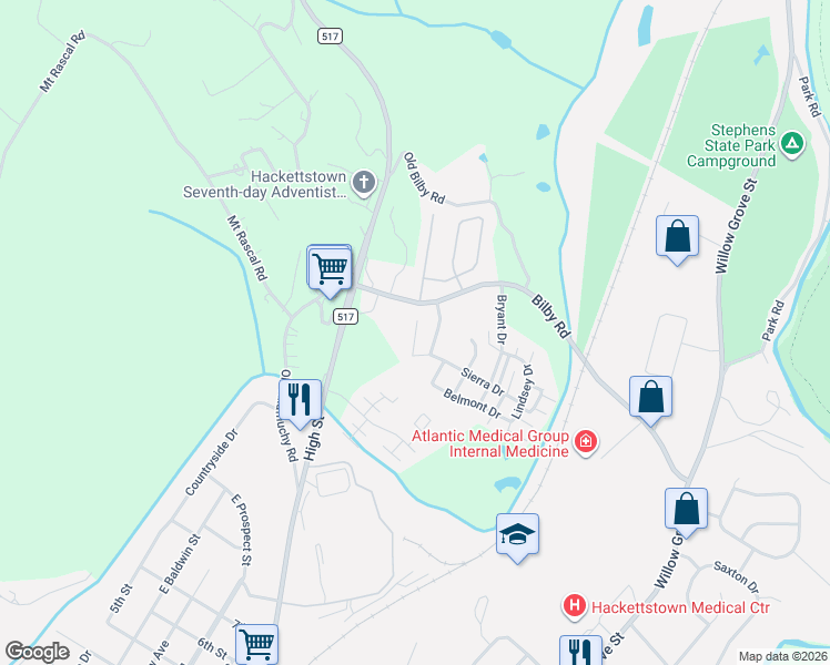 map of restaurants, bars, coffee shops, grocery stores, and more near 331 Carnegie Court in Hackettstown