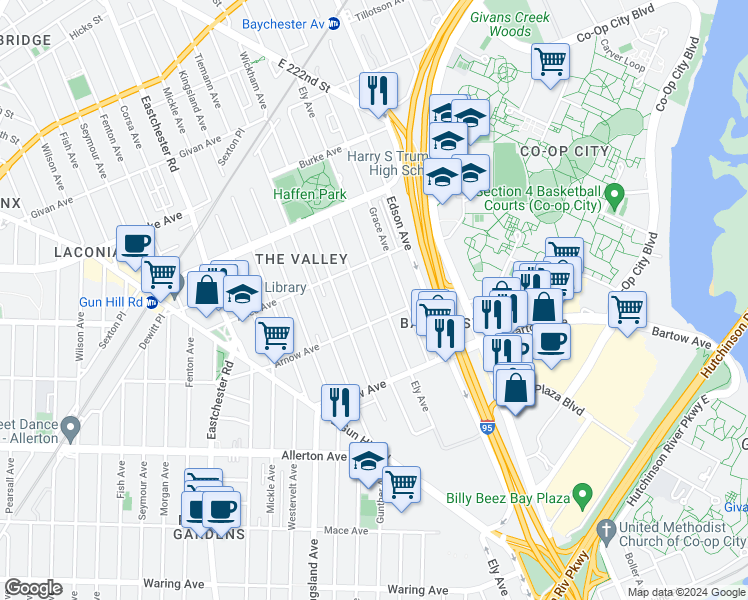map of restaurants, bars, coffee shops, grocery stores, and more near 2915 Ely Avenue in The Bronx