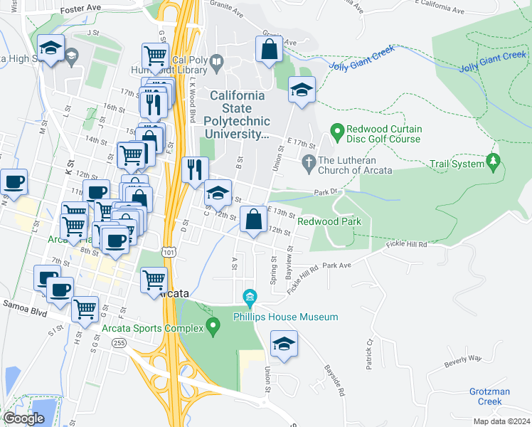 map of restaurants, bars, coffee shops, grocery stores, and more near 1266 Union Street in Arcata