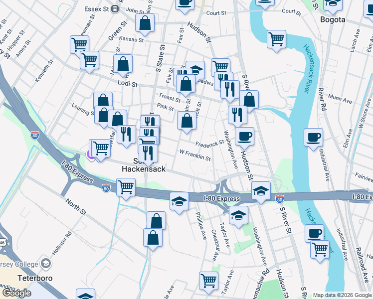 map of restaurants, bars, coffee shops, grocery stores, and more near 210 South Main Street in Hackensack