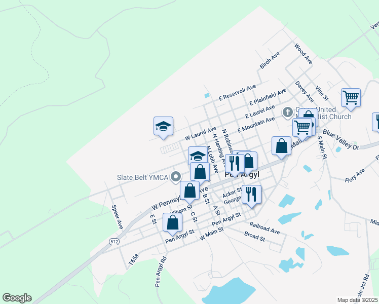 map of restaurants, bars, coffee shops, grocery stores, and more near 416 West Mountain Avenue in Pen Argyl