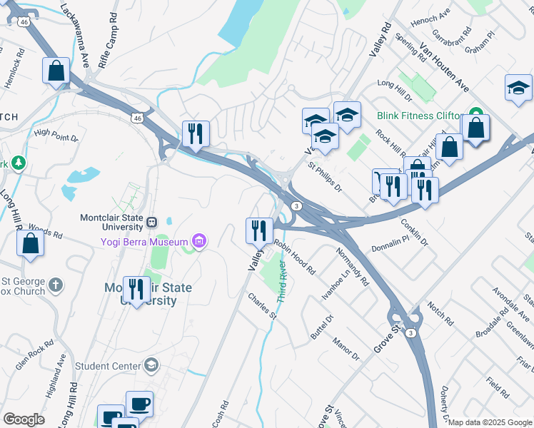 map of restaurants, bars, coffee shops, grocery stores, and more near 900 Valley Road in Clifton