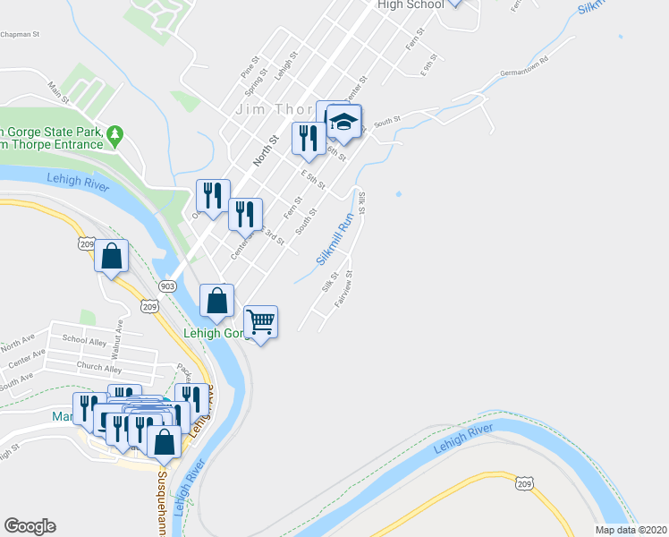 map of restaurants, bars, coffee shops, grocery stores, and more near 85 East 3rd Street in Jim Thorpe