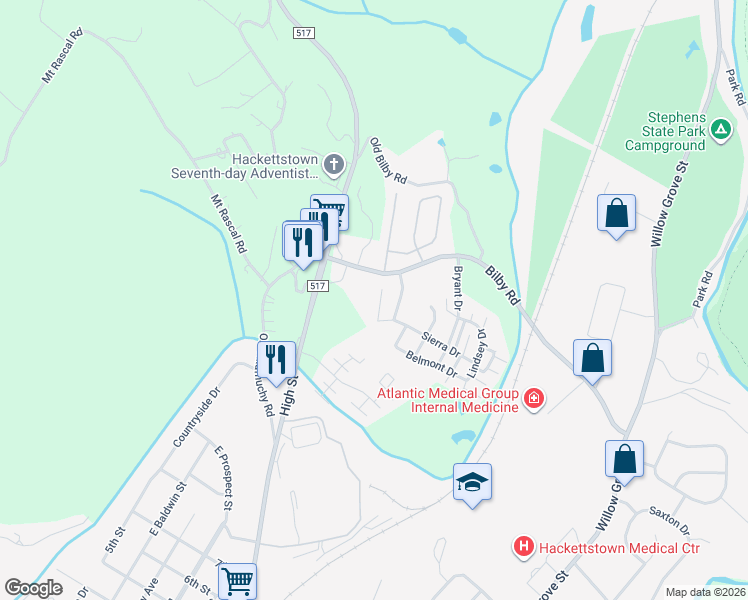 map of restaurants, bars, coffee shops, grocery stores, and more near 6 Bilby Road in Hackettstown