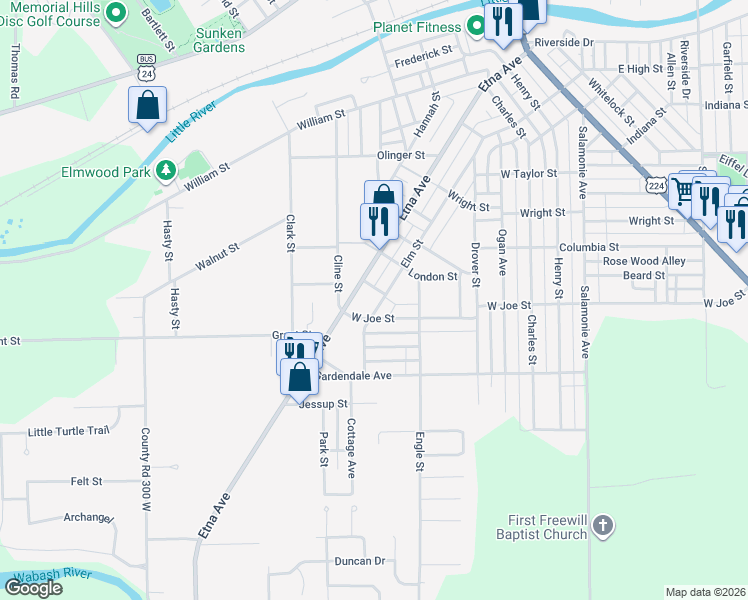 map of restaurants, bars, coffee shops, grocery stores, and more near 1163 Elm Street in Huntington