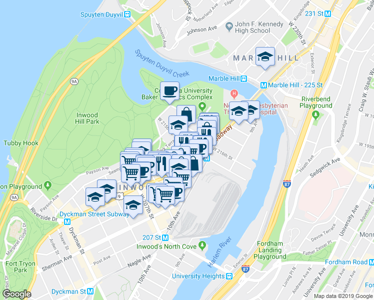 map of restaurants, bars, coffee shops, grocery stores, and more near W 215th St & Park Terrace E in New York