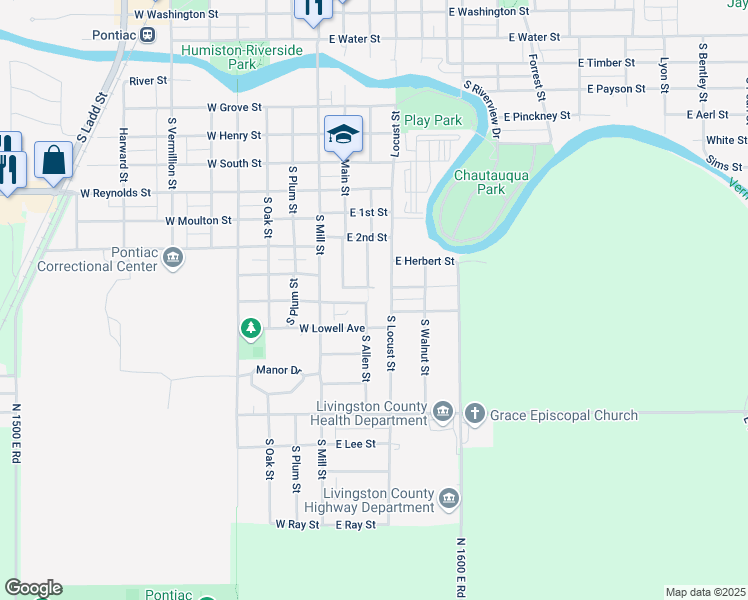 map of restaurants, bars, coffee shops, grocery stores, and more near 98 South Allen Street in Pontiac
