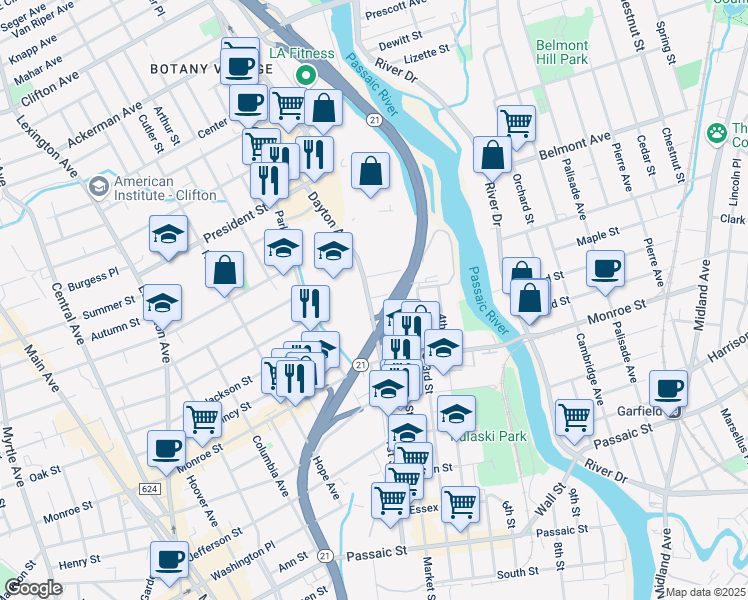 map of restaurants, bars, coffee shops, grocery stores, and more near 1 Mattimore Street in Passaic