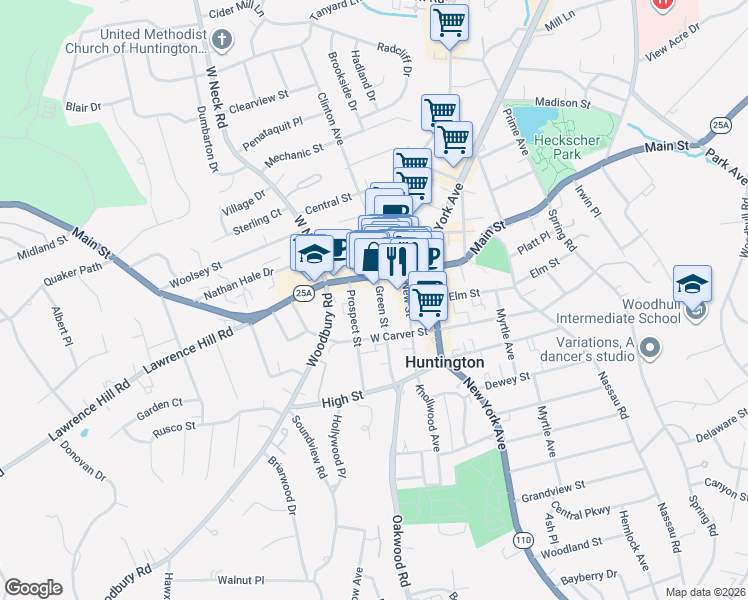 map of restaurants, bars, coffee shops, grocery stores, and more near 17 Green Street in Huntington
