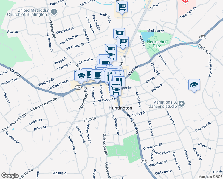 map of restaurants, bars, coffee shops, grocery stores, and more near 281 Main Street in Huntington