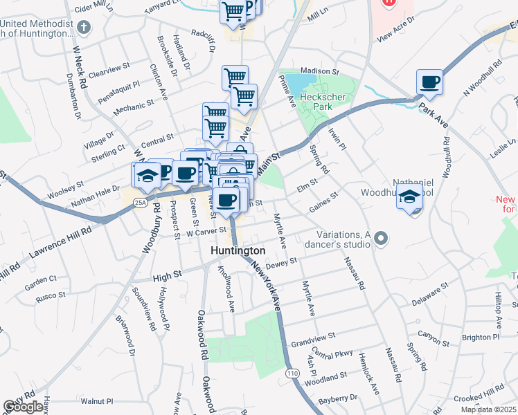 map of restaurants, bars, coffee shops, grocery stores, and more near 7 Elm Street in Huntington