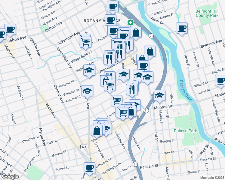 map of restaurants, bars, coffee shops, grocery stores, and more near 189 Harrison Street in Passaic
