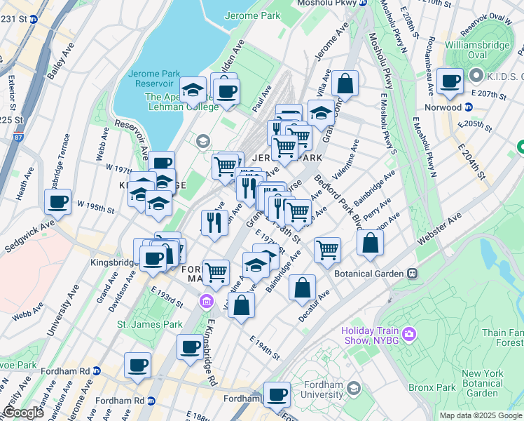 map of restaurants, bars, coffee shops, grocery stores, and more near Grand Concourse & East 198th Street in Bronx