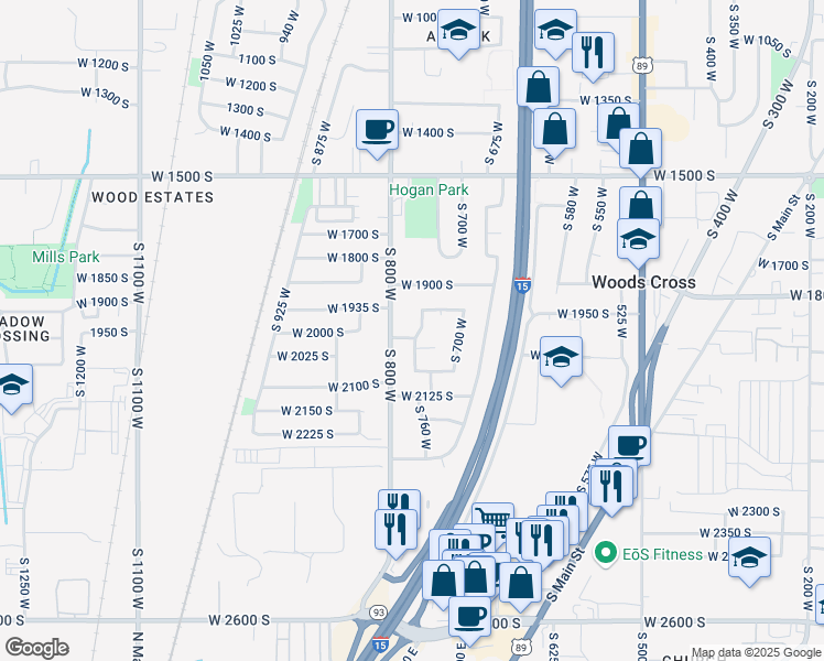 map of restaurants, bars, coffee shops, grocery stores, and more near 1996 South 760 West in Woods Cross