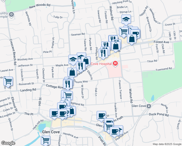 map of restaurants, bars, coffee shops, grocery stores, and more near 156 Saint Andrews Lane in Glen Cove