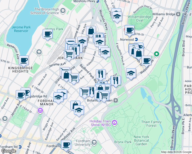 map of restaurants, bars, coffee shops, grocery stores, and more near 305 Bedford Park Boulevard in Bronx