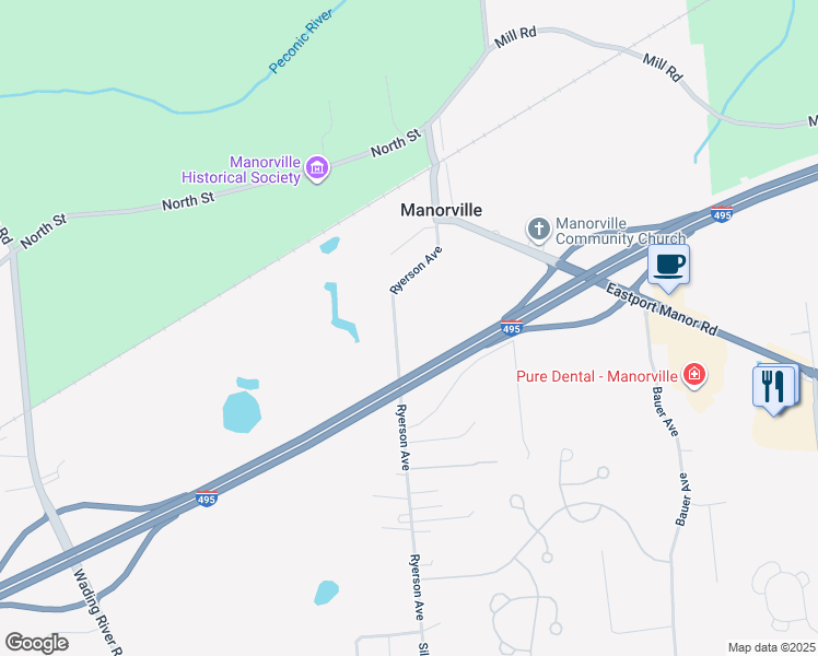 map of restaurants, bars, coffee shops, grocery stores, and more near 45 Ryerson Avenue in Manorville