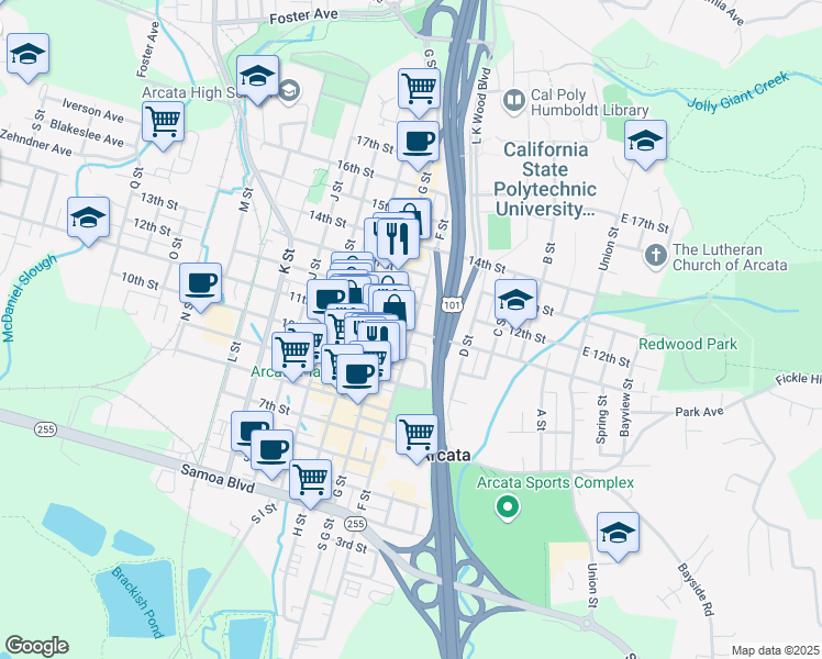 map of restaurants, bars, coffee shops, grocery stores, and more near 630 11th Street in Arcata
