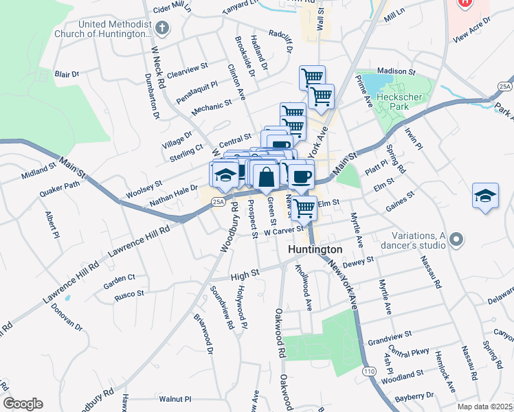 map of restaurants, bars, coffee shops, grocery stores, and more near 12 Prospect Street in Huntington