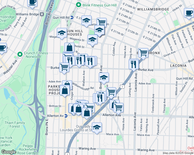 map of restaurants, bars, coffee shops, grocery stores, and more near 3027 Bronxwood Avenue in Bronx