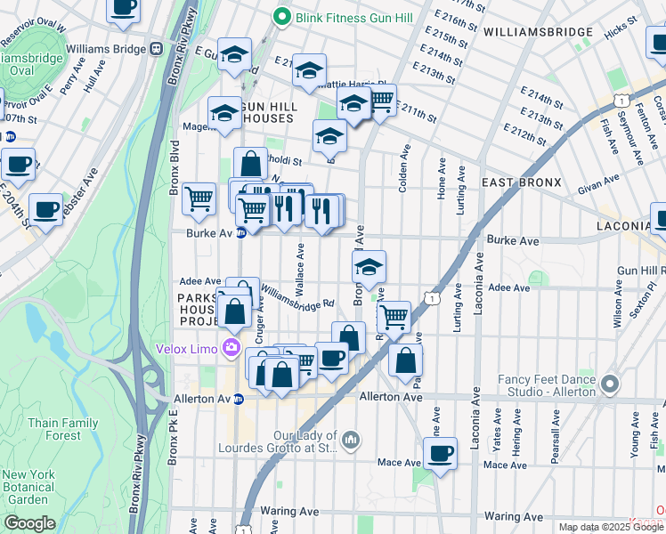 map of restaurants, bars, coffee shops, grocery stores, and more near 3018 Barnes Avenue in Bronx
