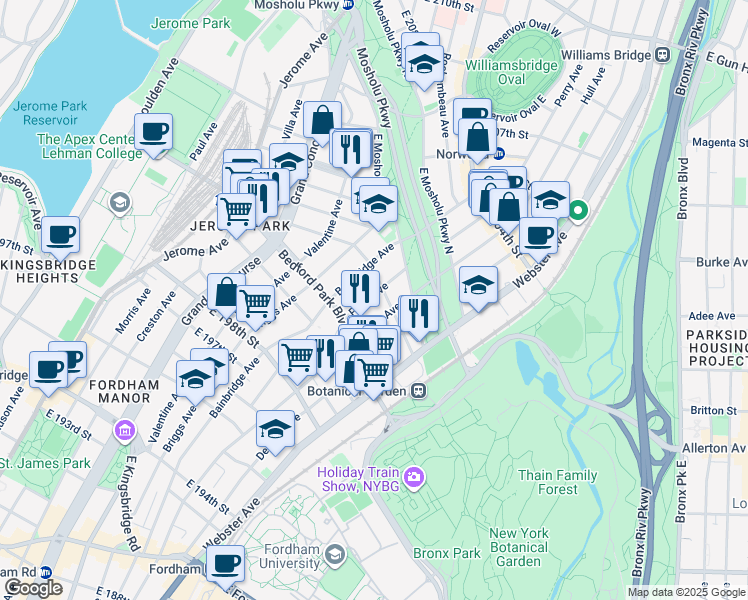 map of restaurants, bars, coffee shops, grocery stores, and more near 2979 Perry Avenue in The Bronx